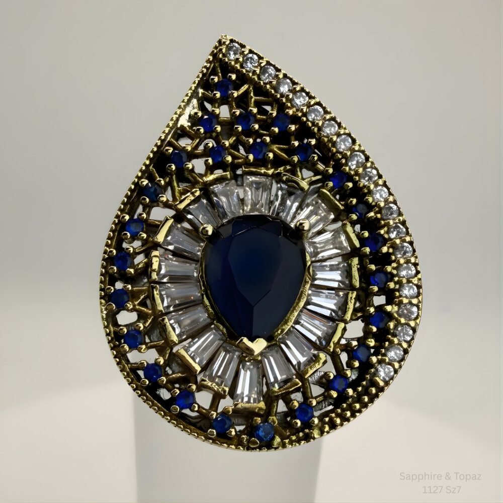 Handmade Jewelry Blue Sapphire Ottoman Style Ring 925 Silver Size 7 Resizable
